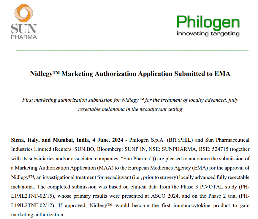 Philogen和太阳制药向EMA提交首个免疫细胞因子产品上市申请
