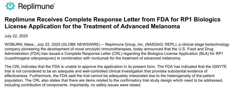 FDA拒绝批准Replimune溶瘤病毒治疗黑色素瘤的申请