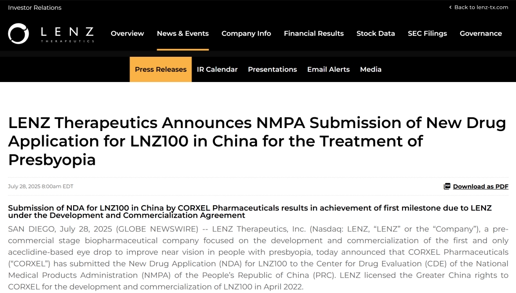 首个老花眼滴眼液LNZ100在国内申报上市，有望填补治疗空白