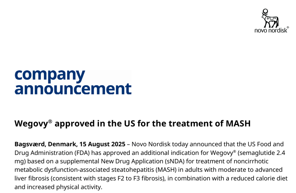 全球首个药物！司美格鲁肽获FDA批准治疗MASH，开创GLP-1领域新应用