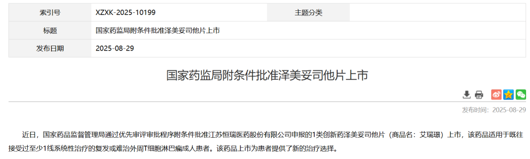 泽美妥司他片获批上市，开启复发或难治外周T细胞淋巴瘤治疗新篇章