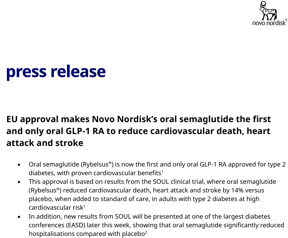 Rybelsus（口服司美格鲁肽）获欧盟批准更新标签，新增心血管获益信息