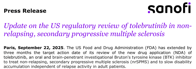 赛诺菲口服BTK抑制剂Tolebrutinib审评时限延至2025年底