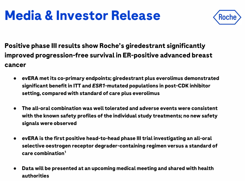 罗氏口服SERD药物GiredestrantIII期evERA研究取得积极成果
