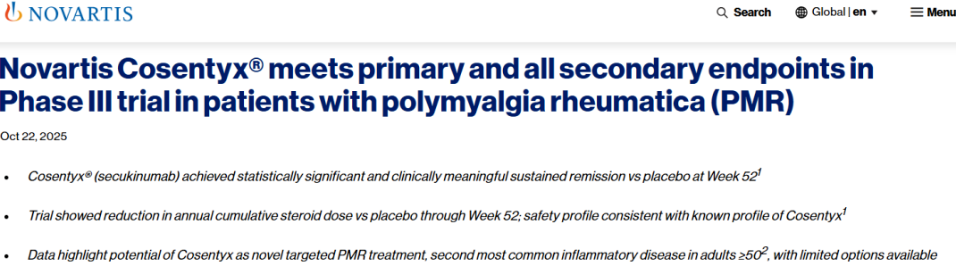 诺华司库奇尤单抗III期研究REPLENISH达主要终点，为风湿性多肌痛治疗带来新希望