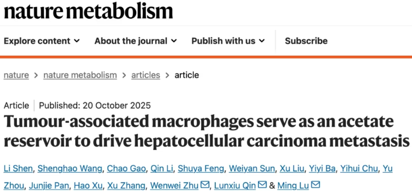肿瘤相关巨噬细胞成为乙酸“供给站”，驱动肝癌转移新机制揭示