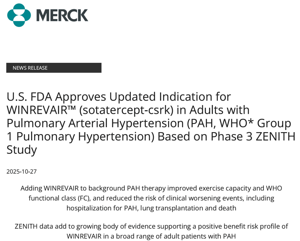默沙东Sotatercept（Winrevair）新适应症获FDA批准，扩展肺动脉高压治疗人群