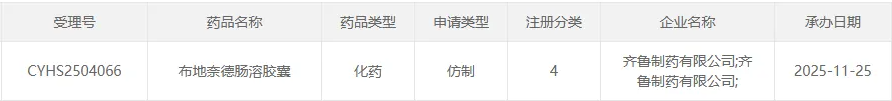 齐鲁制药布地奈德肠溶胶囊上市申请获受理