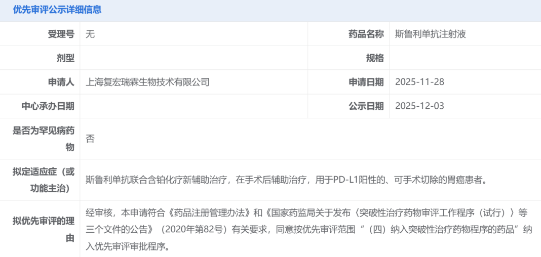 复宏汉霖斯鲁利单抗拟纳入优先审评，或开创胃癌围手术期免疫治疗新格局