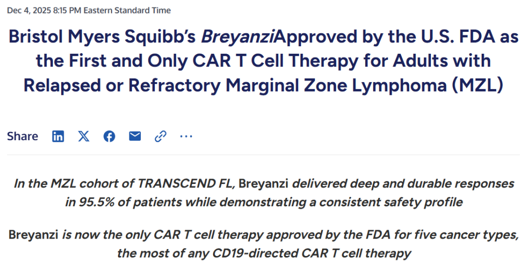 百时美施贵宝Breyanzi获FDA批准用于复发或难治性边缘区淋巴瘤治疗