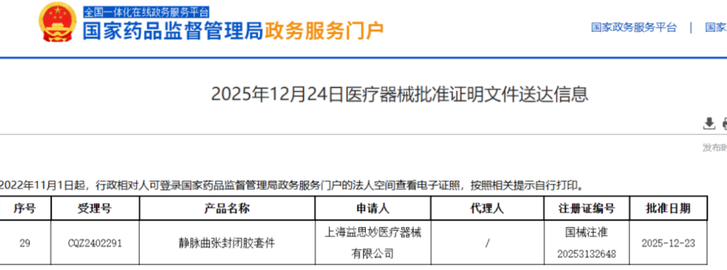 上海益思妙医疗静脉曲张封闭胶套件获准上市