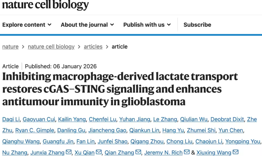 南京医科大学联合团队在《Nature Cell Biology》发表GBM免疫治疗新突破